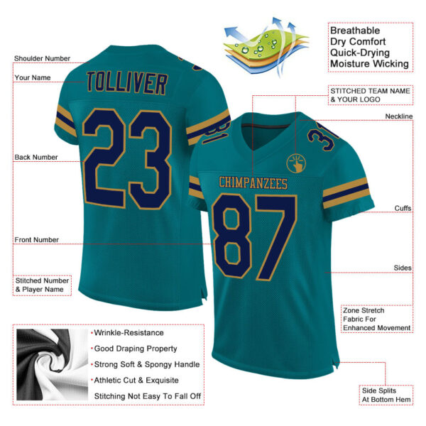 Teal0052-1 Custom Teal Navy-Old Gold Mesh Authentic Football Jersey