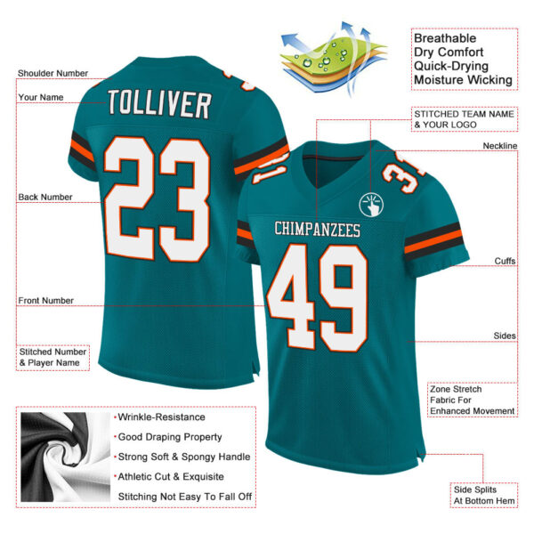 Teal0054-1 Custom Teal White-Orange Mesh Authentic Football Jersey