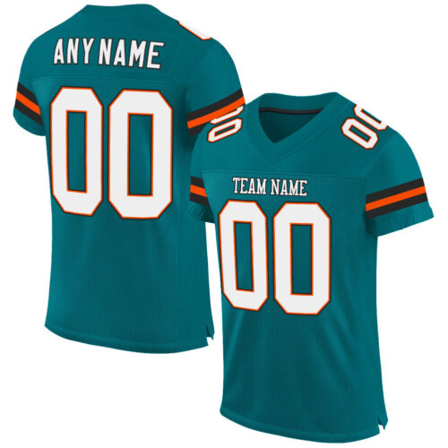 Teal0054 Custom Teal White-Orange Mesh Authentic Football Jersey