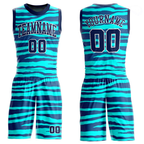 Teal0070 Custom Teal Navy-White Round Neck Sublimation Basketball Suit Jersey