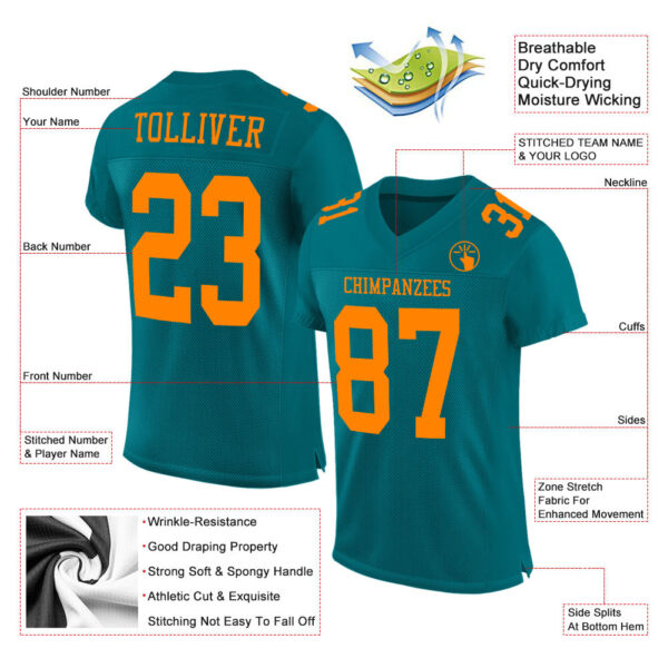 Teal0090-1 Custom Teal Bay Orange Mesh Authentic Football Jersey