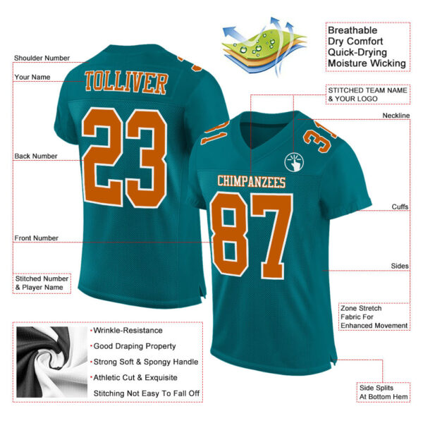 Teal0092-1 Custom Teal Texas Orange-White Mesh Authentic Football Jersey