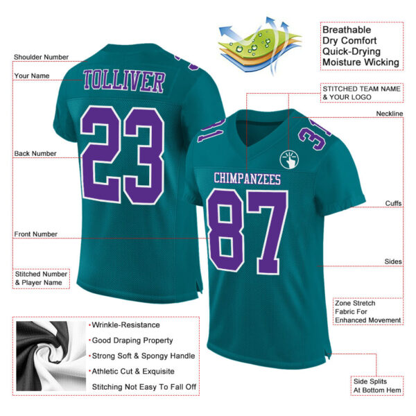 Teal0093-1 Custom Teal Purple-White Mesh Authentic Football Jersey