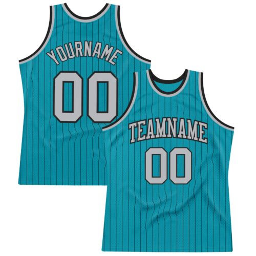 Teal0154 Custom Teal Black Pinstripe Gray Authentic Basketball Jersey