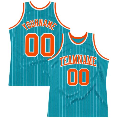 Teal0160 Custom Teal White Pinstripe Orange Authentic Basketball Jersey