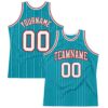 Custom Teal White Pinstripe White-Red Authentic Basketball Jersey