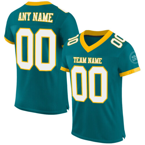 Teal0209 Custom Teal White-Gold Mesh Authentic Football Jersey