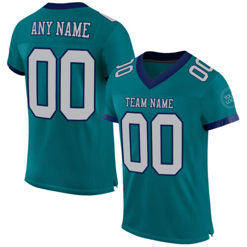 Teal0210 Custom Teal Gray-Navy Mesh Authentic Football Jersey