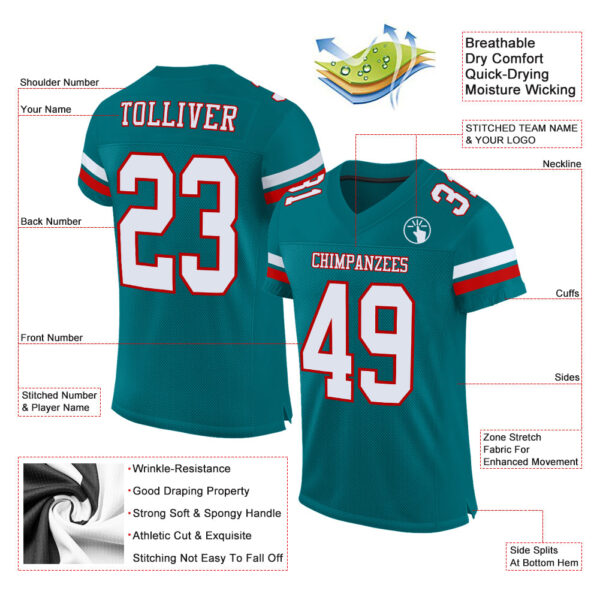 Teal0215-1 Custom Teal White-Red Mesh Authentic Football Jersey
