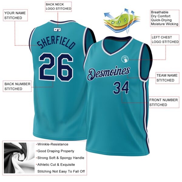 Custom Teal Navy-White Authentic Throwback Basketball Jersey