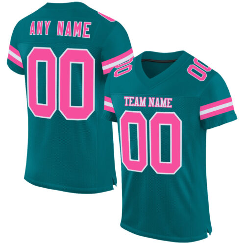 Teal0370 Custom Teal Pink-White Mesh Authentic Football Jersey