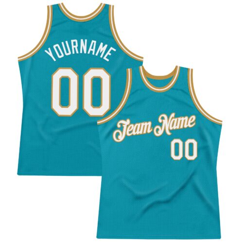 Teal0387 Custom Teal White-Old Gold Authentic Throwback Basketball Jersey
