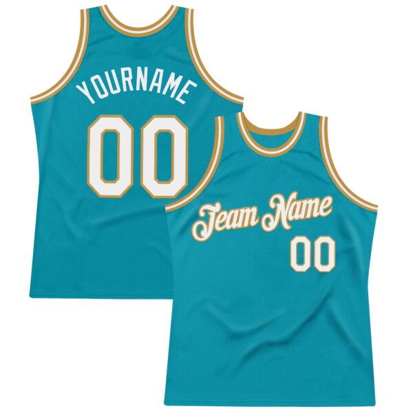 Custom Teal White-Old Gold Authentic Throwback Basketball Jersey