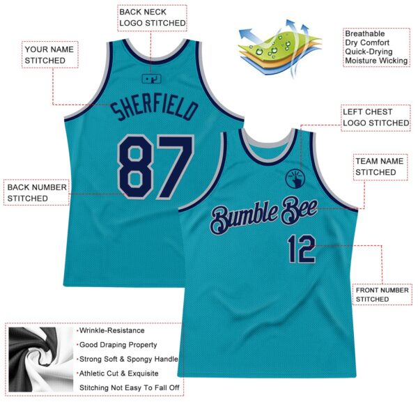 Custom Teal Navy-Gray Authentic Throwback Basketball Jersey