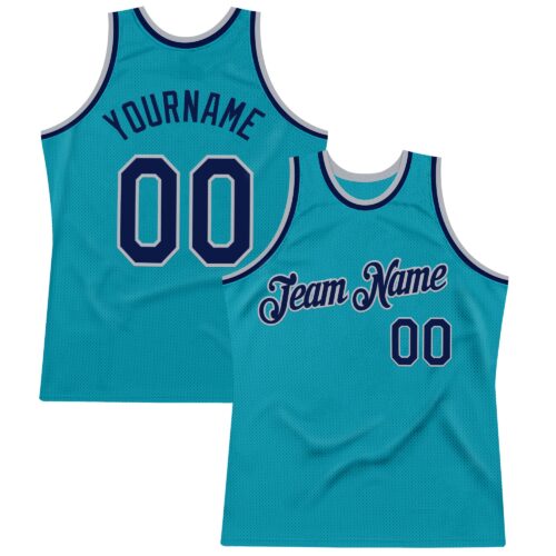 Teal0392 Custom Teal Navy-Gray Authentic Throwback Basketball Jersey