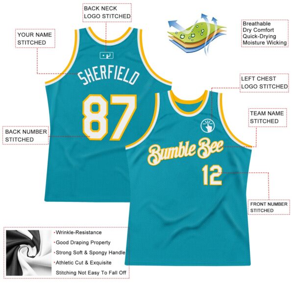 Custom Teal White-Gold Authentic Throwback Basketball Jersey