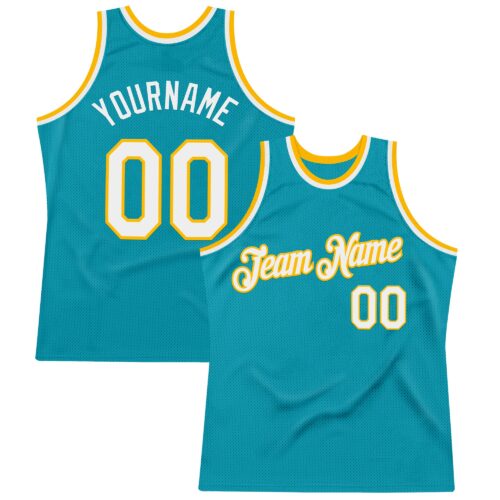 Teal0393 Custom Teal White-Gold Authentic Throwback Basketball Jersey