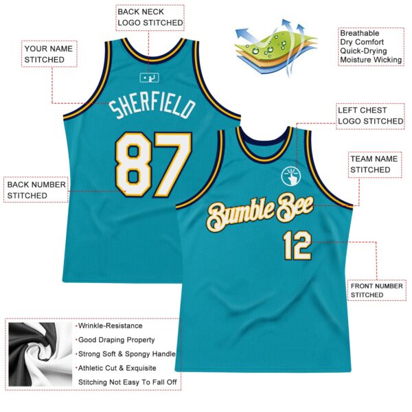 Custom Teal Gold-Navy Authentic Throwback Basketball Jersey