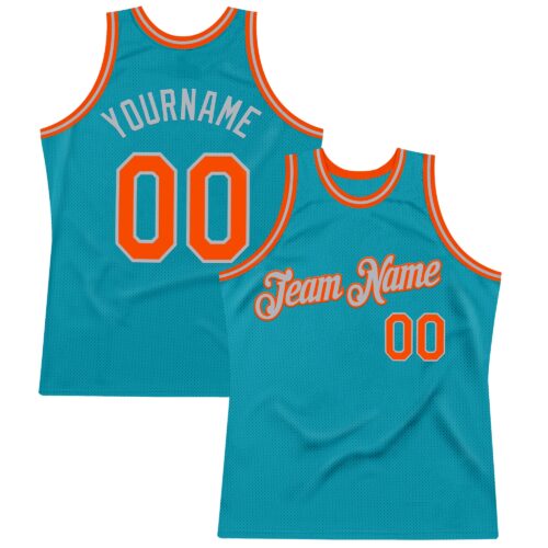Teal0399 Custom Teal Orange-Gray Authentic Throwback Basketball Jersey