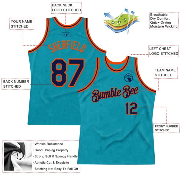 Custom Teal Navy-Orange Authentic Throwback Basketball Jersey