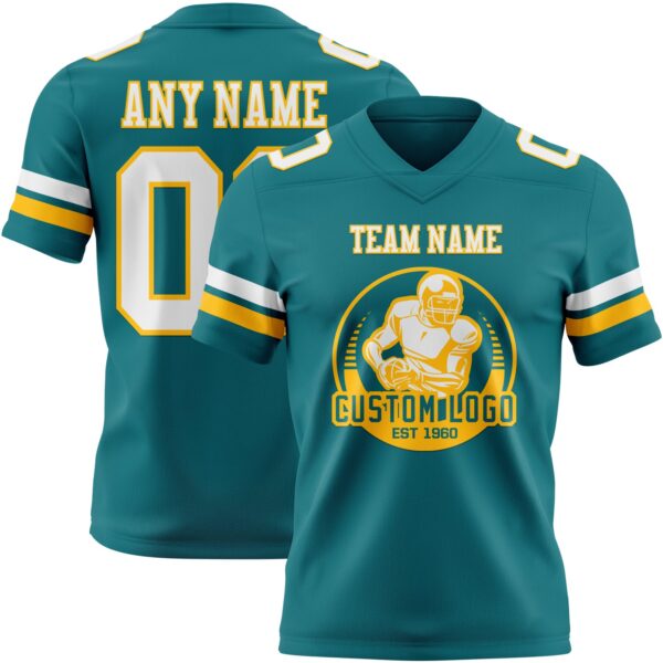 Custom Teal White-Gold Authentic Football Jersey