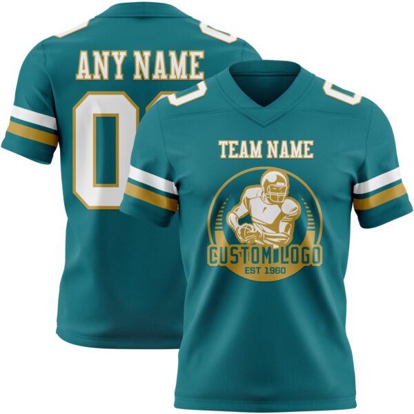 Custom Teal White-Old Gold Authentic Football Jersey