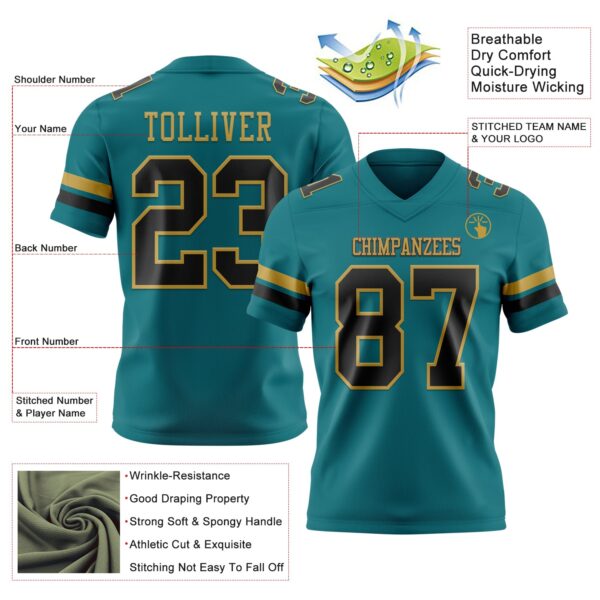 Custom Teal Black-Old Gold Authentic Football Jersey