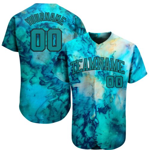TieD0022 Custom Tie Dye Teal-Black 3D Authentic Baseball Jersey