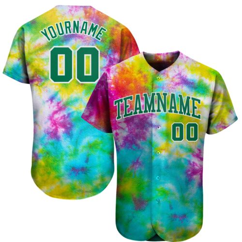 TieD0026 Custom Tie Dye Kelly Green-White 3D Authentic Baseball Jersey