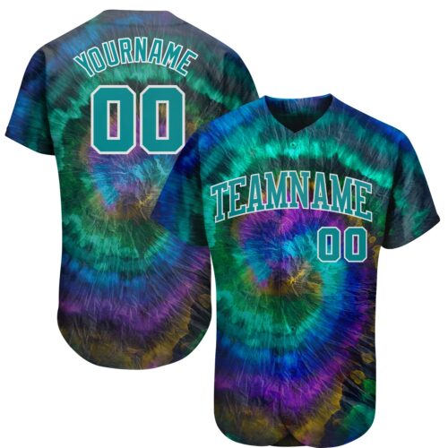 TieD0031 Custom Tie Dye Teal-White 3D Authentic Baseball Jersey