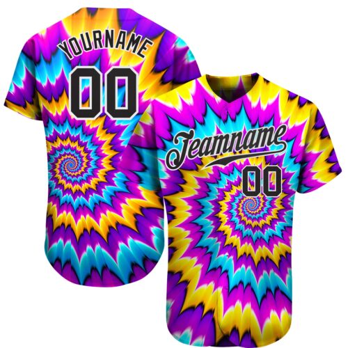 TieD0034 Custom Tie Dye Black-White 3D Authentic Baseball Jersey