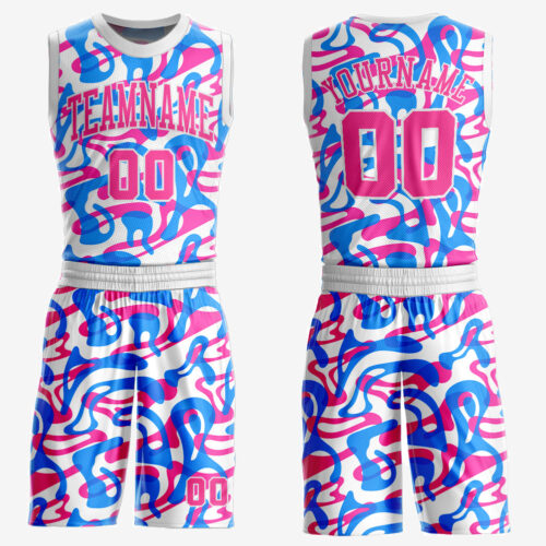 White1024 Custom White Pink-Light Blue Music Festival Round Neck Sublimation Basketball Suit Jersey
