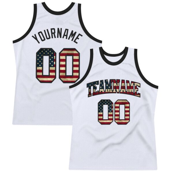 Custom White Vintage USA Flag-Black Authentic Throwback Basketball Jersey