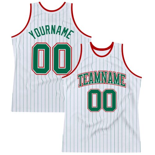 White1256 Custom White Kelly Green Pinstripe Kelly Green-Red Authentic Basketball Jersey