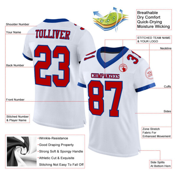 White1417-1 Custom White Red-Royal Mesh Authentic Football Jersey