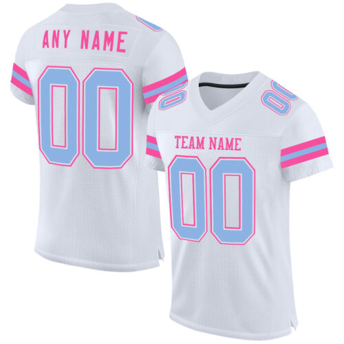 Custom White Light Blue-Pink Mesh Authentic Football Jersey