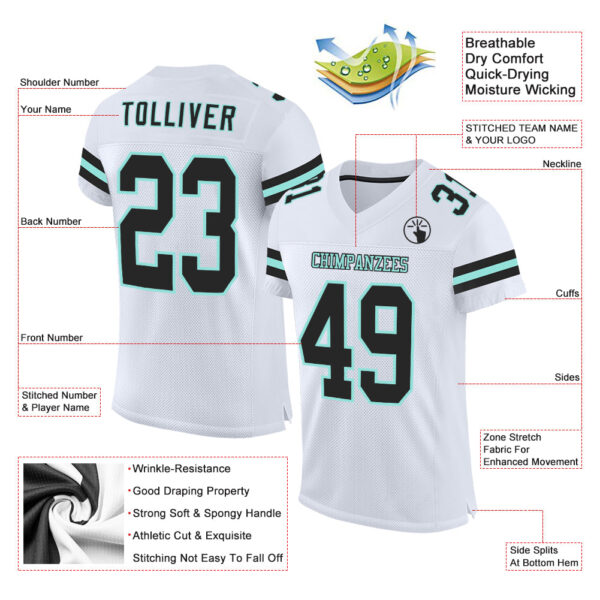 White2082-1 Custom White Black-Ice Blue Mesh Authentic Football Jersey
