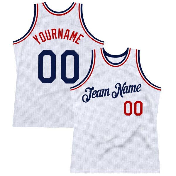 Custom White Navy-Red Authentic Throwback Basketball Jersey