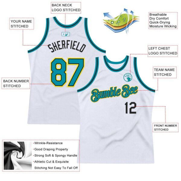Custom White Teal Black-Light Yellow Authentic Throwback Basketball Jersey