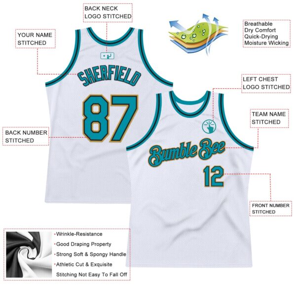 Custom White Teal Black-Old Gold Authentic Throwback Basketball Jersey