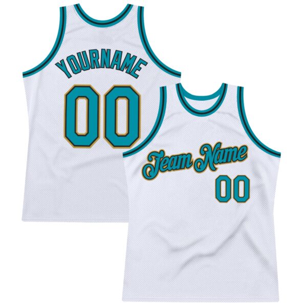 Custom White Teal Black-Old Gold Authentic Throwback Basketball Jersey