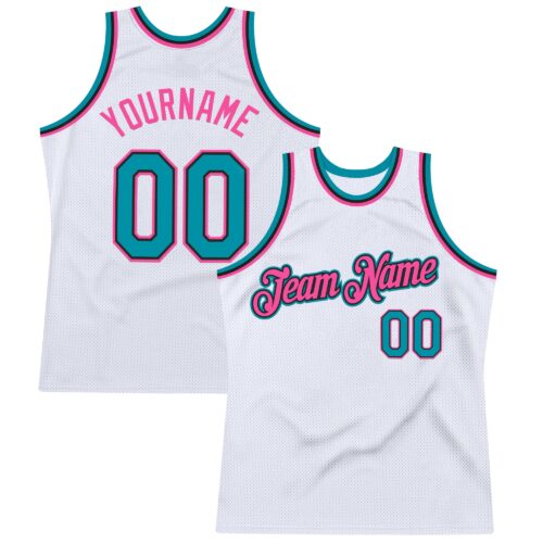 White2208 Custom White Teal Black-Pink Authentic Throwback Basketball Jersey