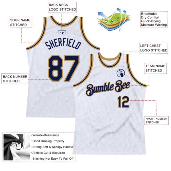 Custom White Navy-Old Gold Authentic Throwback Basketball Jersey