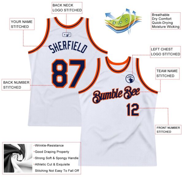 Custom White Navy-Orange Authentic Throwback Basketball Jersey