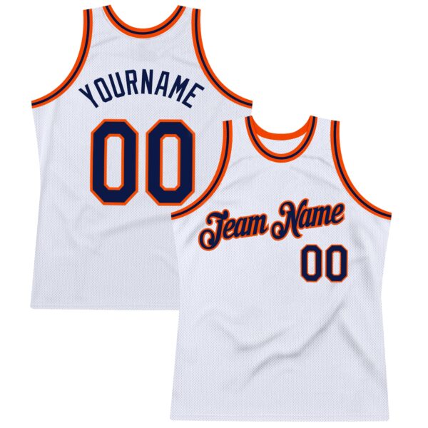 Custom White Navy-Orange Authentic Throwback Basketball Jersey