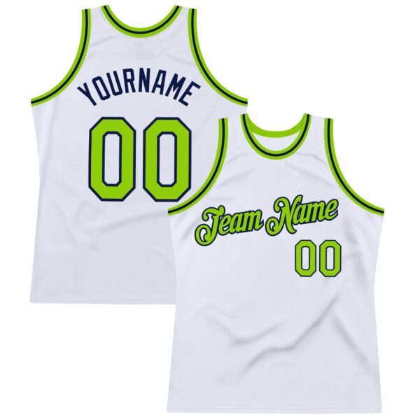 Custom White Neon Green-Navy Authentic Throwback Basketball Jersey