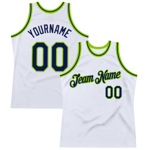White2214 Custom White Navy-Neon Green Authentic Throwback Basketball Jersey