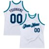 Custom White Navy-Teal Authentic Throwback Basketball Jersey