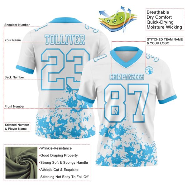 Custom White Sky Blue 3D Pattern Splash Authentic Football Jersey