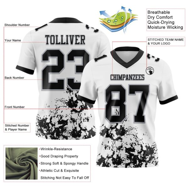 Custom White Black-Gray 3D Pattern Splash Authentic Football Jersey